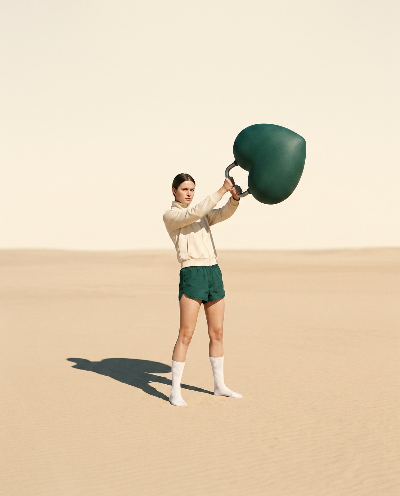 Person in Creme und Tannengrün schwingt eine überdimensionale herzförmige Kettlebell